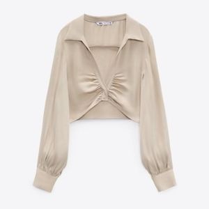 ZARA | Long Sleeve Sand  Rouched Cropped Blouse in Sand Size Small